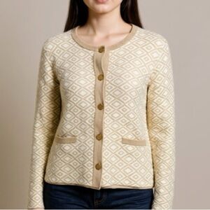 H Halston Heritage 80s Retro size XS Cream Diamond pattern Knit Cardigan NWT